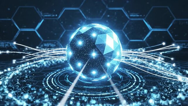 Futuristic glowing data sphere connected by fiber light streams above pulsing digital network grid conveying high tech communication cybersecurity and abstract information flow with radiating light