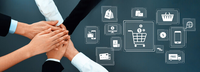 Hands unite in a collaborative effort for digital shopping cart development, surrounded by e-commerce icons representing technology and innovation in business. Trope