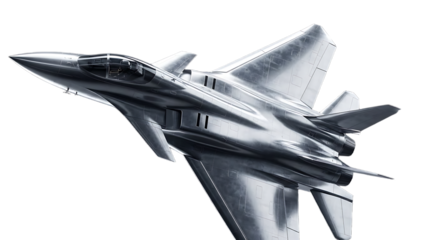 A sleek silver fighter jet soaring through the dark sky on transparent background