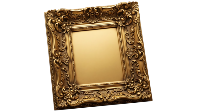 A gold picture frame with an ornate design on a black background on transparent background - Powered by Adobe