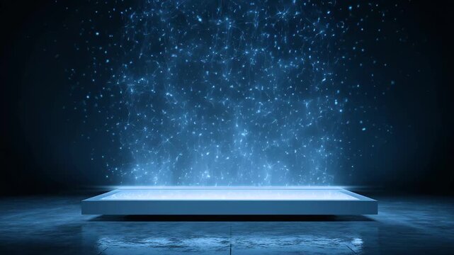 Stage podium with light in digital futuristic style on a blue, Futuristic stage podium with digital lighting