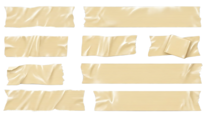 A collection of torn paper strips on transparent background