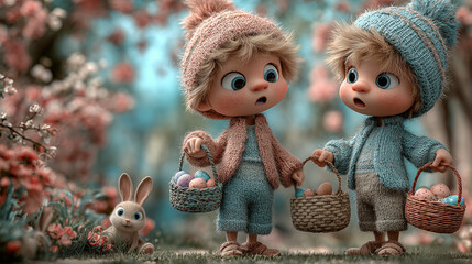 Cute cartoon kids with Easter egg baskets and bunny in magical spring forest scene
