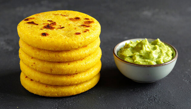 Stack of crispy golden corn arepas with avocado dip, traditional South American food. Tasty snack.