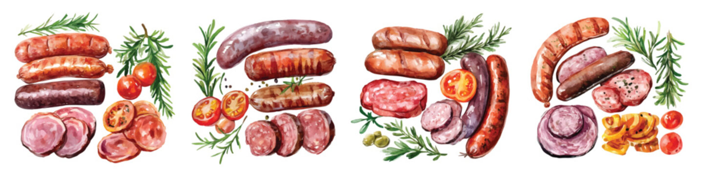 Grilled sausages and assorted meats with herbs and spices, barbecue watercolor set isolated on transparent background