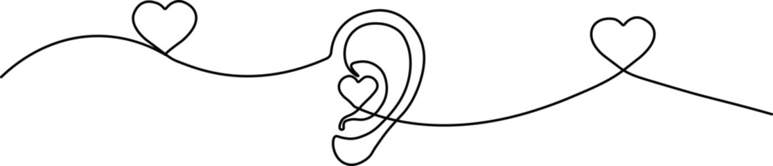 Continuous one-line drawing of an ear with hearts. Minimalist symbol for hearing care and audiology health. Simple black line art on a white background.