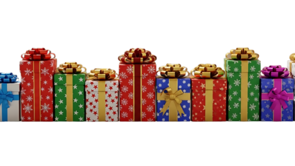 A row of colorful Christmas presents wrapped in festive paper on transparent background