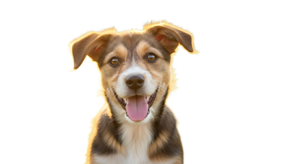 A happy dog with its tongue out is sitting on transparent background
