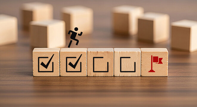 Work in progress concept. Goals, targets, tasks tracking. Goals achievement and business success. Task completion. Managing project timeline. Wooden blocks with target achievement icon. 