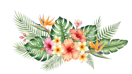A vibrant floral arrangement with tropical flowers and leaves on transparent background