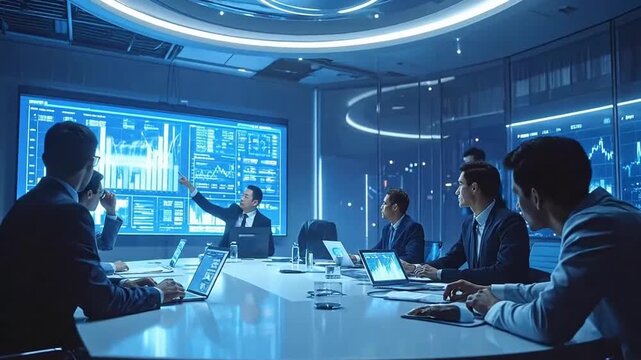 Business Team Analyzing Data in Futuristic Conference Room