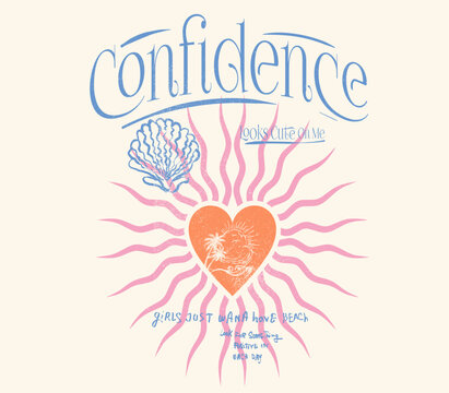 love sign with sun in heart shape, confidence typography slogan, sea shell drawing, hand writing font. girl's graphics. 