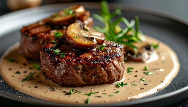 Veal chops on plate, grilled and topped with mushroom cream sauce, appetizing dish, gourmet food