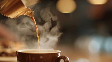 Brewed Comfort: Steaming coffee flows gracefully from a sleek carafe into a waiting cup, the aromatic steam rising to create a cozy, inviting atmosphere.