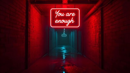 A moody hallway featuring a red neon sign reading "You are enough."