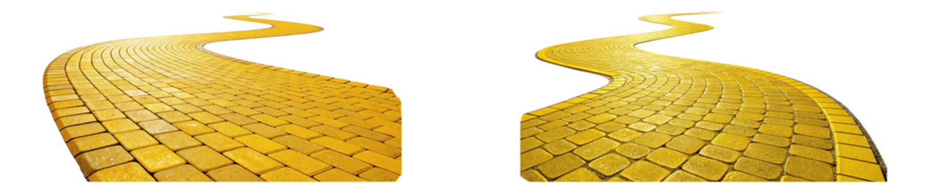 Two winding yellow brick roads with detailed textures and light reflections are displayed on transparent background