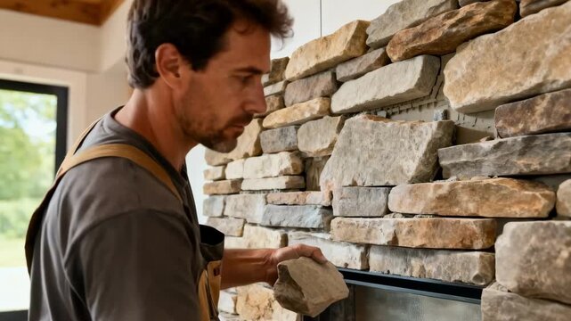 Craftsman attaches stacked stone veneer to a feature wall inside a contemporary home adding depth and rugged charm with multidimensional stone pieces.