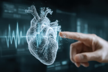 A futuristic representation of a human heart in a digital format, showcasing a heartbeat line and interactive elements for health monitoring.