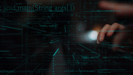 A visually striking digital composition showcasing hands interacting with programming code against a backdrop of virtual data lines, capturing the essence of modern technology. Xenic