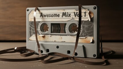 Vintage cassette tape with Awesome Mix Vol. 1 label on wooden background