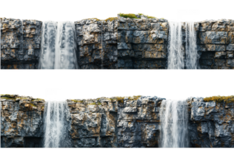 Detailed cliffside waterfalls with lush greenery and rocky terrain perfect for game backgrounds on transparent background