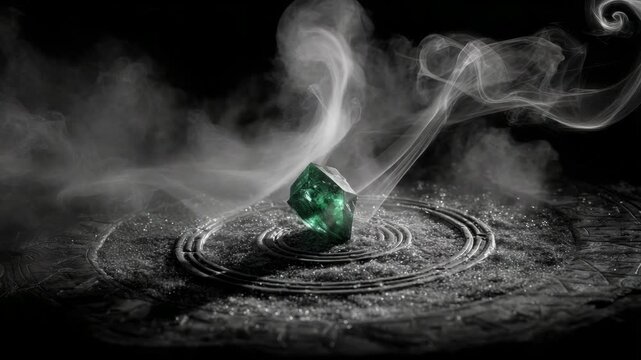 Enigmatic glowing emerald on mystical surface with ethereal smoke