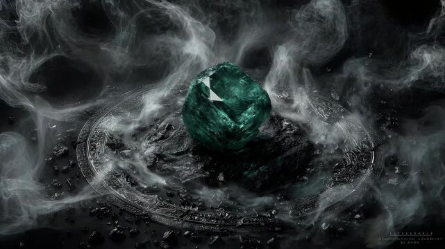 Mystical emerald on ornate metallic surface with enigmatic smoke