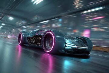 sleek cyberpunk hovercar with neon trails racing through tunnel