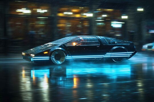 sleek hovercar with neon blue stripes speeding through rain-soaked street