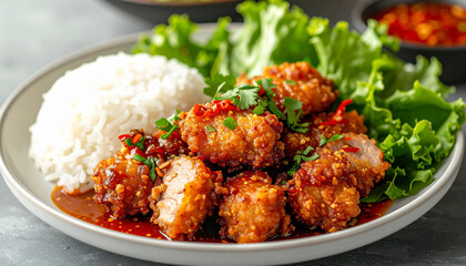 Fototapeta premium Golden crispy pork pieces with spicy sauce with sticky rice and fresh leafy greens, Thai street food