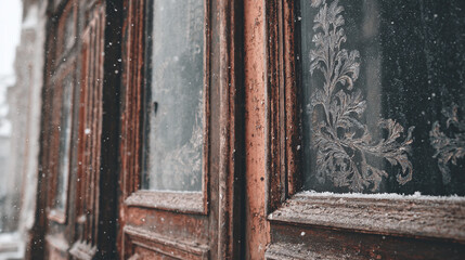 A vintage window with frosty patterns catches the eye during a snowfall. The intricate designs add a touch of magic to the old wood frame, weathered by time and elements.