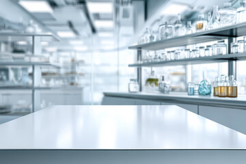 A sleek and modern laboratory setting featuring a clean countertop and shelves filled with glass containers. Ideal for scientific research and experimentation.