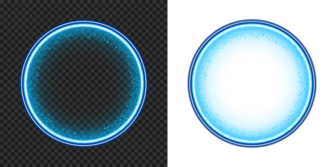 Neon blue glowing circular frame overlay with particles light effect on transparent background for futuristic rounded, ring, halo, circle glow PNG design