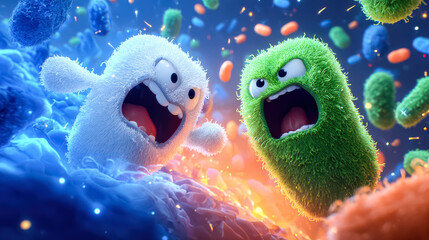 A vibrant illustration of cartoonish microbes, one white and fluffy, the other green and spiky, in a dynamic confrontation amidst a colorful background.