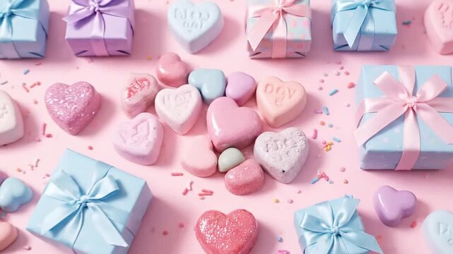 Charming collection of pastel heart-shaped candies and elegantly wrapped gift boxes, evoking feelings of love and affection on a vibrant pink surface