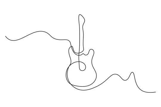 Minimal continuous one line drawing illustration offset electric guitar body with a fluid musical sound wave path.
