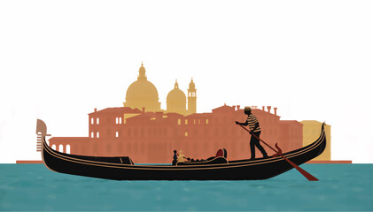 Venice gondola ride with city skyline silhouette. Traditional Italian boat on water with architectural background. Flat vector illustration