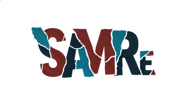 Stylized text SAMRE with fragmented torn paper effect. Grunge vector typography logo isolated on white