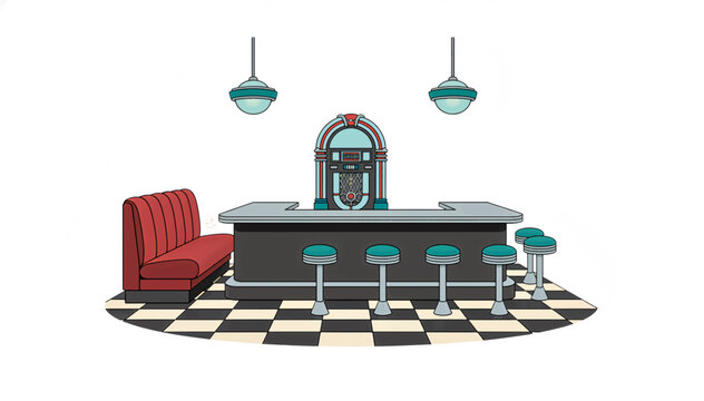 Retro 1950s diner interior scene. Jukebox, bar counter, stools and red booth on checkerboard floor. Cartoon vector illustration