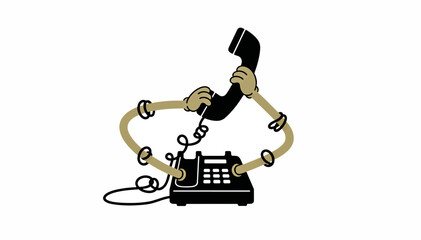 Cartoon telephone with arms holding handset. Flat design vector illustration for customer service and communication concept. Isolated on white background