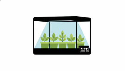 Smart indoor garden system for hydroponics. Flat design vector illustration of urban farming technology. Potted plants in a controlled environment enclosure isolated on white
