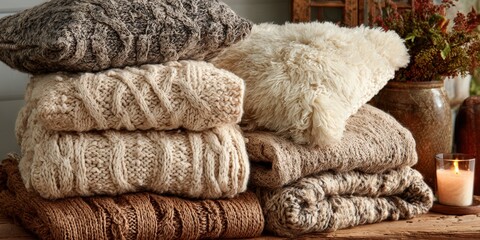 Pile of cozy knitted cushions and blankets on a rustic wooden surface indoors.