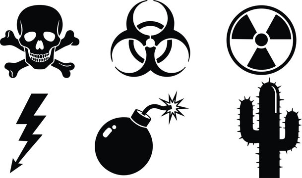 Flat design black silhouette hazard icons set six skull bones biohazard radiation lightning bomb cactus arranged grid for safety signage and editorial use vector scalable bold simple - Powered by Adobe