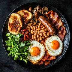 Full English breakfast on dark plate top view