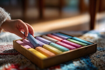 Fototapeta premium Chalk Drawing Child's Hand Selects Colorful Chalk Sticks for Vibrant Art