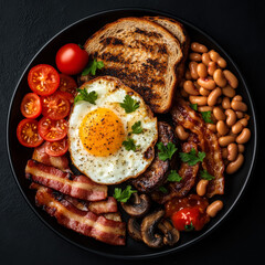 Full English breakfast on dark plate top view
