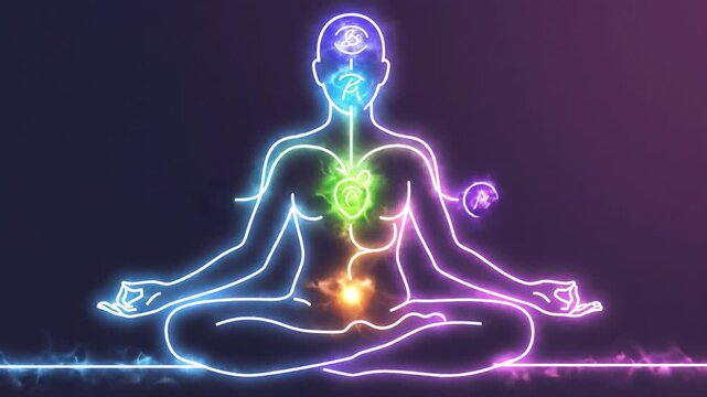 Neon outline meditation silhouette of person lotus pose with illuminated chakra along spine heart and solar plexus glowing energy flow serene purple background lotus pose spine chakra neon plexus