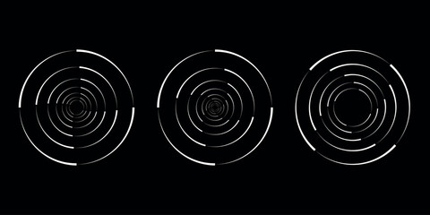 set of black thick halftone dotted speed lines. Speed lines in circle form. Geometric art. Design element for frame, logo, tattoo, web pages, prints, posters, templates, abstract vector background.