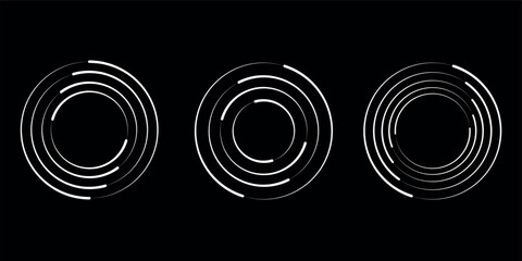 set of black thick halftone dotted speed lines. Speed lines in circle form. Geometric art. Design element for frame, logo, tattoo, web pages, prints, posters, templates, abstract vector background.