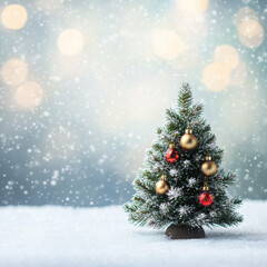 Minimal christmas tree with snow decor winter scene